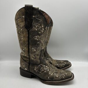 Circle G By Corral Boots Womens Leather Embroidery‎ Crackle Bone Western Cowboy